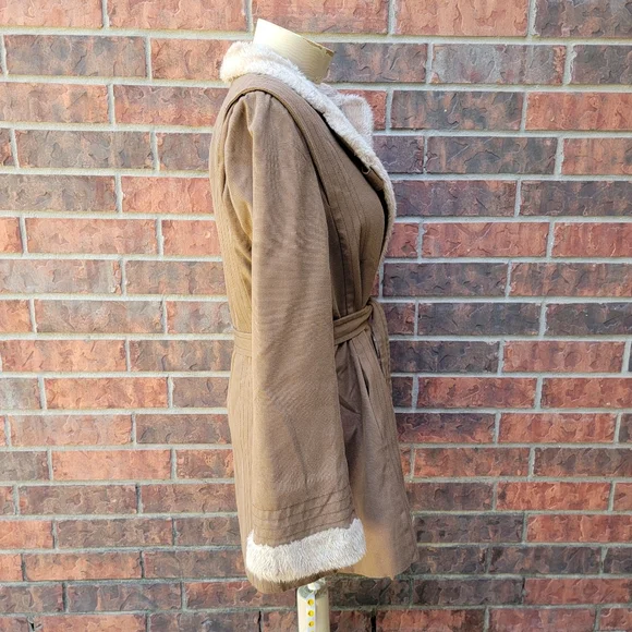 Vtg Bonders Calender Cloth Brown Faux Fur Lined Belted Coat USA No Size, - Picture 5 of 15